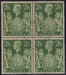 142564 1942 2/6 YELLOW-GREEN (SG476b) GOOD USED BLOCK OF FOUR TWO WITH 'UNICORN RE-ENTRIES'.