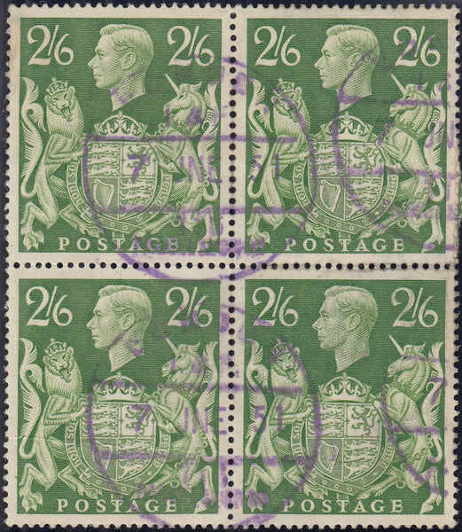 142571 1942 2/6 YELLOW-GREEN (SG476b) GOOD USED BLOCK OF FOUR LOWER RIGHT STAMP 'MAJOR RE-ENTRY TO UNICORN'.