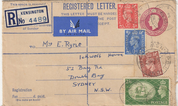 142572 1952 REGISTERED AIRMAIL KENSINGTON, LONDON TO AUSTRALIA UPRATED KGVI 1D (SG504), 2D (SG506) 2 1/2D (SG507) AND 2/6 YELLOW-GREEN (SG509).