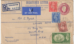 142572 1952 REGISTERED AIRMAIL KENSINGTON, LONDON TO AUSTRALIA UPRATED KGVI 1D (SG504), 2D (SG506) 2 1/2D (SG507) AND 2/6 YELLOW-GREEN (SG509).