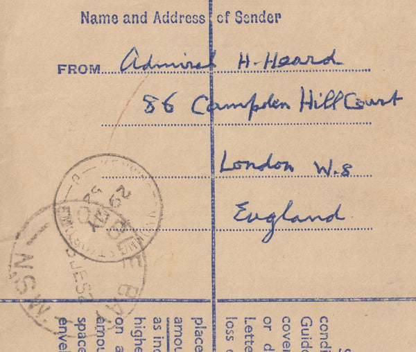 142572 1952 REGISTERED AIRMAIL KENSINGTON, LONDON TO AUSTRALIA UPRATED KGVI 1D (SG504), 2D (SG506) 2 1/2D (SG507) AND 2/6 YELLOW-GREEN (SG509).