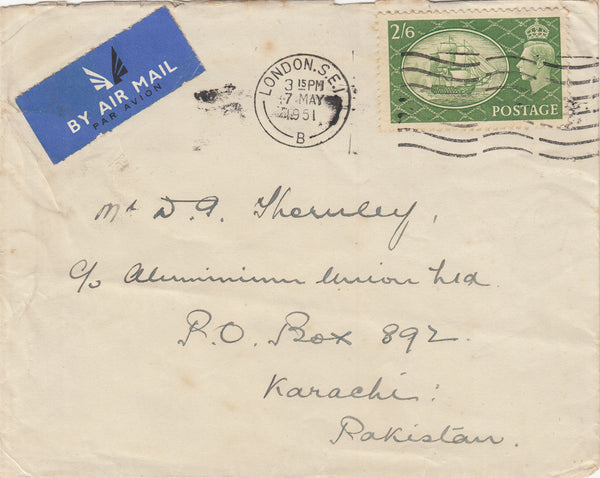 142573 1951 AIRMAIL LONDON TO KARACHI, PAKISTAN 2/6 YELLOW-GREEN (SG509).