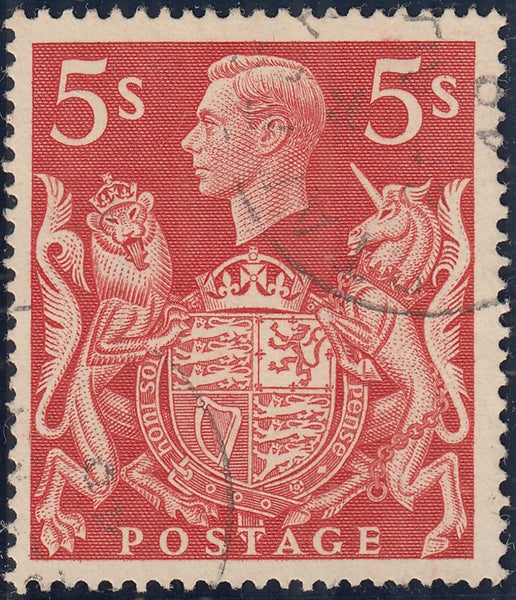 142575 1939 5S RED (SG477) 'T' GUIDE IN KING'S HAIR' FINE USED.