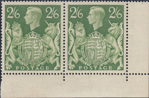 142582 1942 2/6 YELLOW-GREEN (SG476b) 'MAJOR UNICORN RE-ENTRY', UNMOUNTED CORNER MARGINAL PAIR.