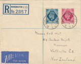 142591 1939 REGISTERED AIRMAIL BLACKLEY, MANCHESTER TO NEW ZEALAND 8D BRIGHT CARMINE (SG472) AND 10D TURQUIOSE-BLUE (SG474).