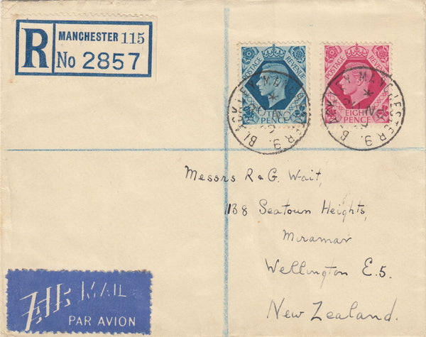 142591 1939 REGISTERED AIRMAIL BLACKLEY, MANCHESTER TO NEW ZEALAND 8D BRIGHT CARMINE (SG472) AND 10D TURQUIOSE-BLUE (SG474).