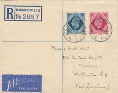 142591 1939 REGISTERED AIRMAIL BLACKLEY, MANCHESTER TO NEW ZEALAND 8D BRIGHT CARMINE (SG472) AND 10D TURQUIOSE-BLUE (SG474).