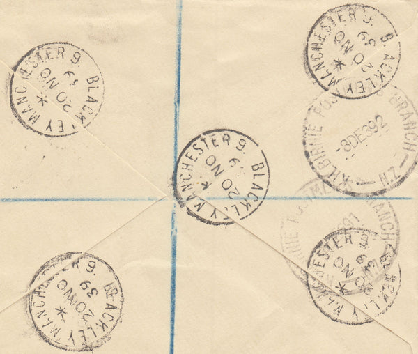 142591 1939 REGISTERED AIRMAIL BLACKLEY, MANCHESTER TO NEW ZEALAND 8D BRIGHT CARMINE (SG472) AND 10D TURQUIOSE-BLUE (SG474).