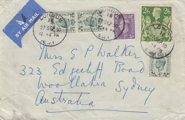 142592 1950 AIRMAIL LONDON TO SYDNEY, AUSTRALIA 3D PALE VIOLET (SG490), 4D GREY-GREEN (SG468) X 3  AND FINE 2/6 YELLOW-GREEN (SG476b).