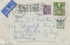 142592 1950 AIRMAIL LONDON TO SYDNEY, AUSTRALIA 3D PALE VIOLET (SG490), 4D GREY-GREEN (SG468) X 3  AND FINE 2/6 YELLOW-GREEN (SG476b).