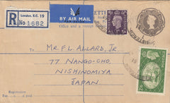 142594 1961 1/9 GREY REGISTERED ENVELOPE LONDON TO NISHINOMIYA, JAPAN WITH KGVI 3D (SG467) AND KGVI 2/6 YELLOW-GREEN (SG509).
