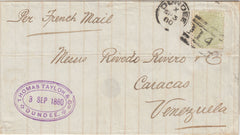 142595 1880 MAIL DUNDEE TO CARACAS, VENEZUELA 4D SAGE-GREEN PL.16 (SG153).