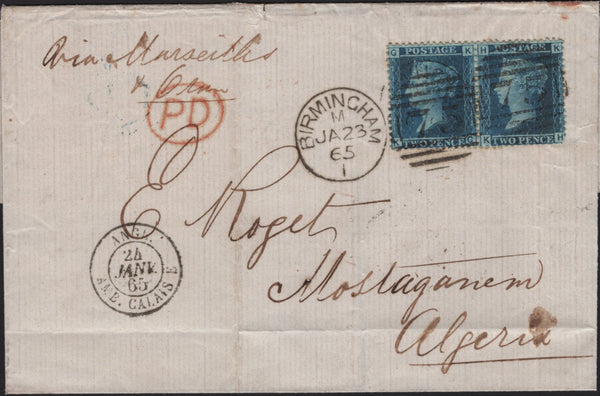 142596 1865 MAIL BIRMINGHAM TO MOSTAGANEM ALGERIA 2D BLUE PL.9 (SG45) X 2.