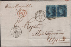 142596 1865 MAIL BIRMINGHAM TO MOSTAGANEM ALGERIA 2D BLUE PL.9 (SG45) X 2.