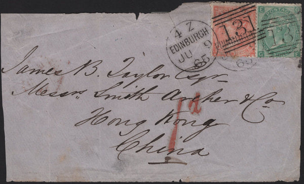 142597 1863 MAIL EDINBURGH TO HONG KONG 4D (SG80) AND 1S (SG101)/VERY SCARCE MIXED ISSUE USAGE.