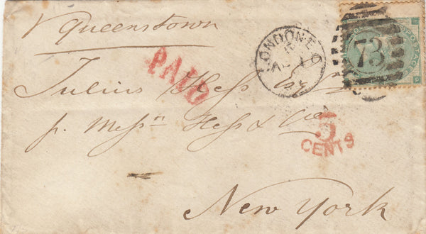 142598 1863 MAIL LONDON TO NEW YORK 1S GREEN (SG90).