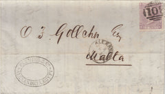 142599 1868 MAIL ALEXANDRIA, EYGPT TO MALTA 6D LILAC (SG104) 'B01' NUMERAL OF ALEXANDRIA.