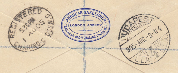 142600 1905 POSTAL STATIONERY REGISTERED MAIL LONDON TO BUDAPEST, HUNGARY.