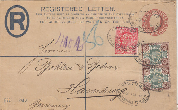 142605 1905 REGISTERED MAIL LONDON TO HAMBURG, GERMANY.