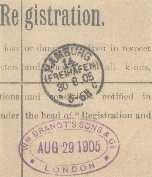 142605 1905 REGISTERED MAIL LONDON TO HAMBURG, GERMANY.