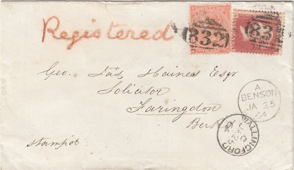 142607 1864 REGISTERED MAIL BENSON, OXON TO FARINGDON, BERKS WITH 4D (SG80), 1D (SG40).