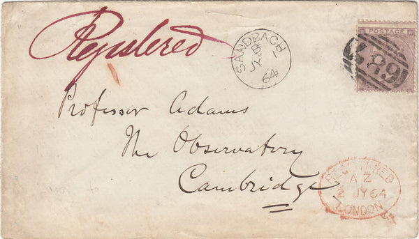 142608 1864 REGISTERED MAIL SANDBACH, CHESHIRE TO CAMBRIDGE 6D LILAC (SG84).