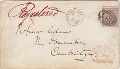 142608 1864 REGISTERED MAIL SANDBACH, CHESHIRE TO CAMBRIDGE 6D LILAC (SG84).