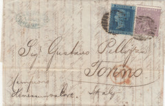 142611 1866 SAMPLE MAIL LONDON TO TORINO, ITALY 2D BLUE (SG45) 6D LILAC (SG97).