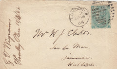 142612 1866 MAIL LONDON TO SAVANNA, LA MAR, JAMAICA 1S GREEN (SG101).