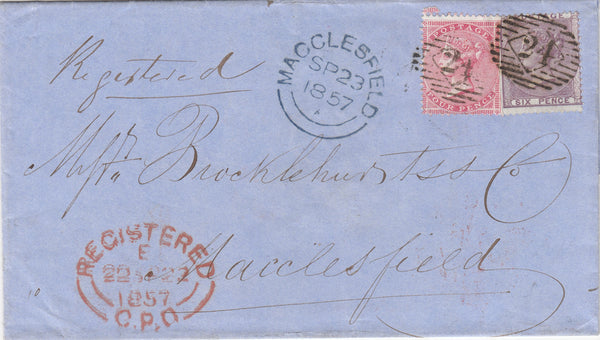 142614 1857 REGISTERED MAIL LONDON TO MACCLESFIELD 4D (SG66a) AND 6D (SG68).