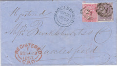 142614 1857 REGISTERED MAIL LONDON TO MACCLESFIELD 4D (SG66a) AND 6D (SG68).
