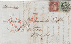 142615 1858 MAIL LONDON TO BOSTON, U.S.A. 1S PALE GREEN (SG73) AND 1D ROSE-RED (SG40).