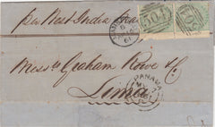 142617 1861 MAIL MANSFIELD, NOTTS TO LIMA 1S PALE GREEN (SG73) X 2 .