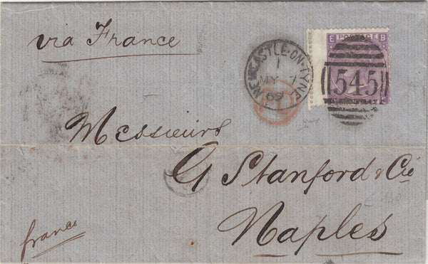 142618 PAIR 1869 AND 1870 COVERS UK TO ITALY WITH 6D MAUVE  (SG109) PL.8  TRIMMED OUTSIDE WING MARGIN ILLUSTRATING SHEET SEPARATION PRIOR TO DISTRIBUTION.