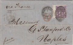 142618 PAIR 1869 AND 1870 COVERS UK TO ITALY WITH 6D MAUVE  (SG109) PL.8  TRIMMED OUTSIDE WING MARGIN ILLUSTRATING SHEET SEPARATION PRIOR TO DISTRIBUTION.