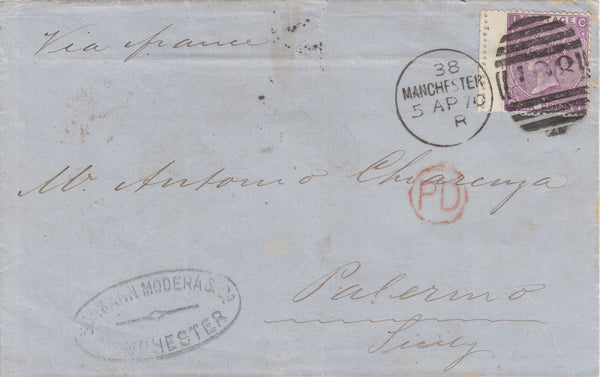 142618 PAIR 1869 AND 1870 COVERS UK TO ITALY WITH 6D MAUVE  (SG109) PL.8  TRIMMED OUTSIDE WING MARGIN ILLUSTRATING SHEET SEPARATION PRIOR TO DISTRIBUTION.