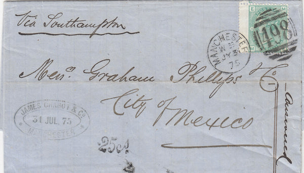 142620 1875 MAIL MANCHESTER TO MEXICO 1S GREEN PL.11 (SG150).
