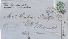 142620 1875 MAIL MANCHESTER TO MEXICO 1S GREEN PL.11 (SG150).