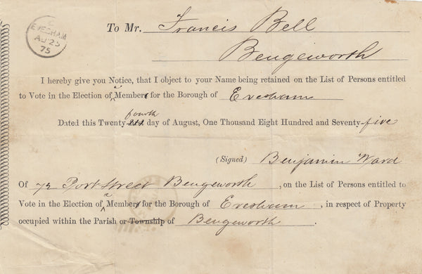 142621 1875 NOTICE OF OBJECTION EVESHAM, GLOS USED LOCALLY TO BENGEWORTH WITH 3D ROSE (SG143).