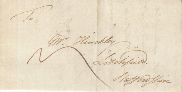 142623 1769 MAIL LONDON TO LITCHFIELD, STAFFS WTH 'F' LONDON RECEIVERS HANDSTAMP AND BISHOP MARK.