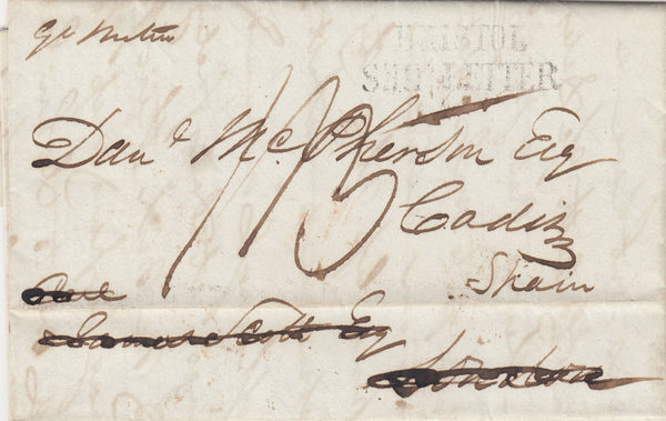 142627 1839 MAIL NEW YORK TO CADIZ VIA BRISTOL AND LONDON PER 'Gt Western' with 'BRISTOL/SHIP LETTER' HANDSTAMP (Rob S8).