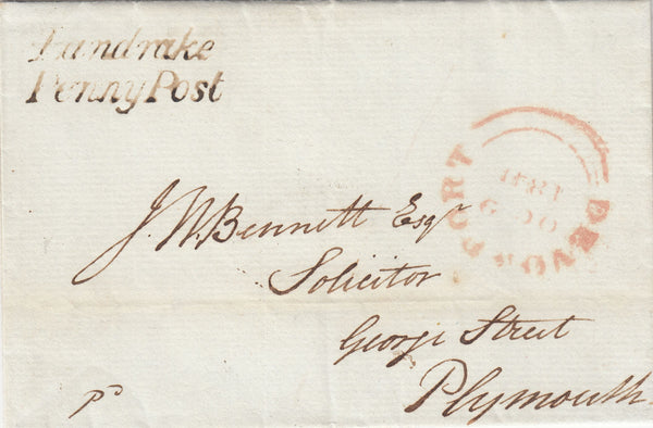 142628 1841 MAIL LANDRAKE, CORNWALL TO PLYMOUTH WITH 'Landrake/ Penny Post'  HANDSTAMP (CO135).