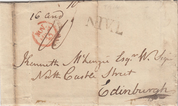 142630 1804 MAIL TAIN, ROSS-SHIRE TO EDINBURGH 'TAIN' HANDSTAMP.