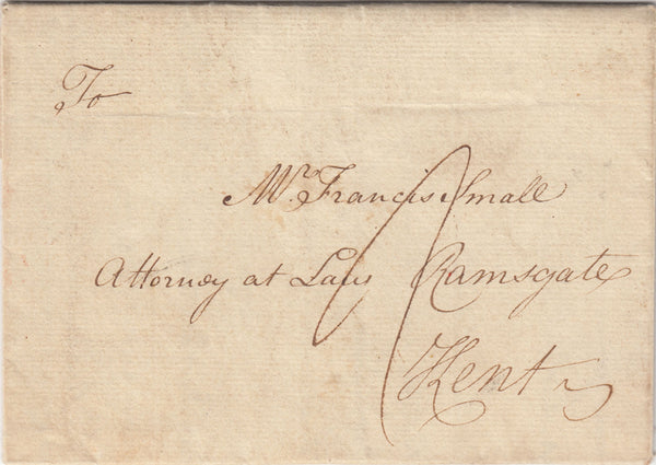 142635 1772 MAIL LONDON TO RAMSGATE WITH 'RJ' LONDON RECEIVERS HANDSTAMP AND BISHOP MARK.