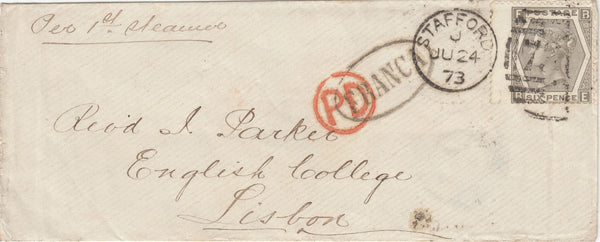 142639 1873 MAIL STAFFORD TO LISBON 6D GREY PL.12 (SG125).