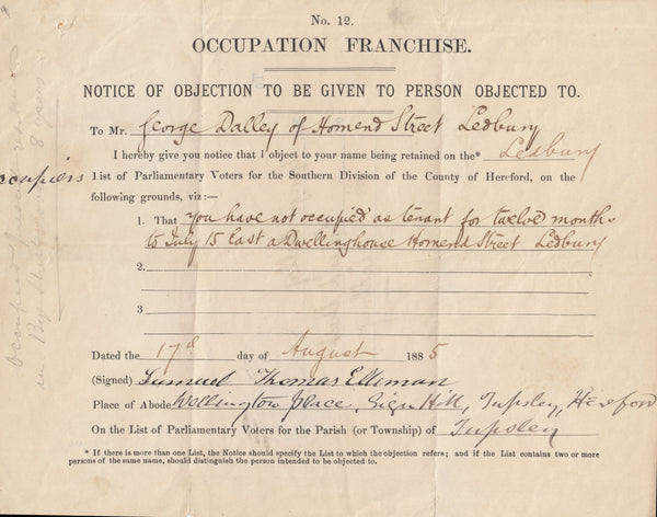 142642 1885 'NOTICE OF OBJECTION' USED IN LEDBURY, HEREFORDSHIRE 3D LILAC (SG191).