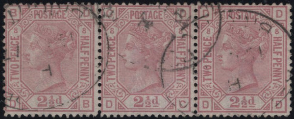 142652 1877 2½d ROSY-MAUVE PL.8 (SG141) FINE TO VERY FINE USED STRIP OF THREE.