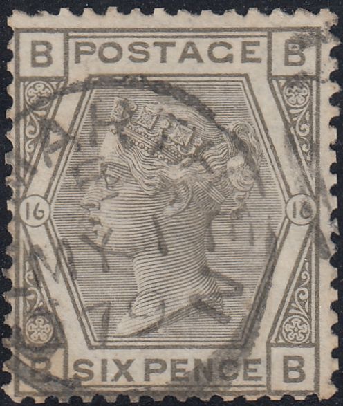 142653 1878 6D GREY PL.16 (SG147) VERY FINE USED.