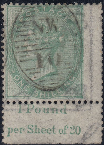 142662 1856 1S PALE GREEN (SG73) FINE USED MARGINAL EXAMPLE WITH MARGINAL INSCRIPTION.