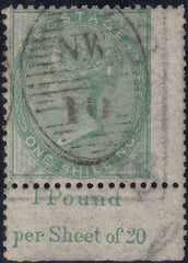 142662 1856 1S PALE GREEN (SG73) FINE USED MARGINAL EXAMPLE WITH MARGINAL INSCRIPTION.